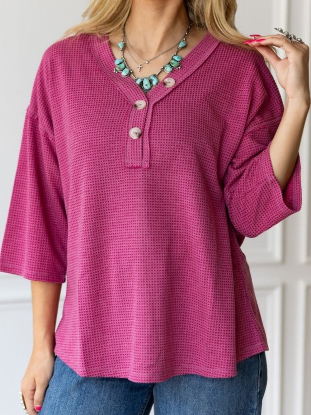 ANDREE BY UNIT Magenta Waffle Henley Top
